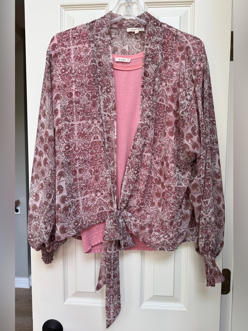 Mystree Pink Floral Tie-Front Sheer Blouse with pink top (set)